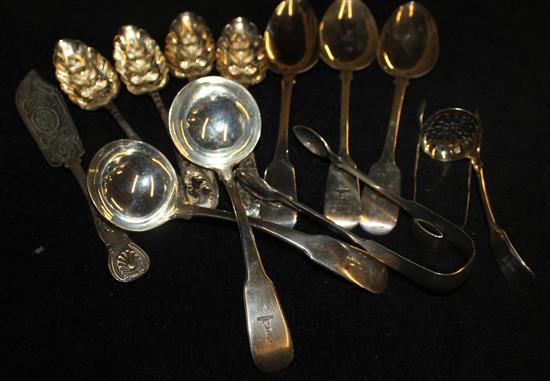 3 x 19th century silver table spoons, 2 x sauce ladles, two pairs of tongs and a butter knife and 5 plated items